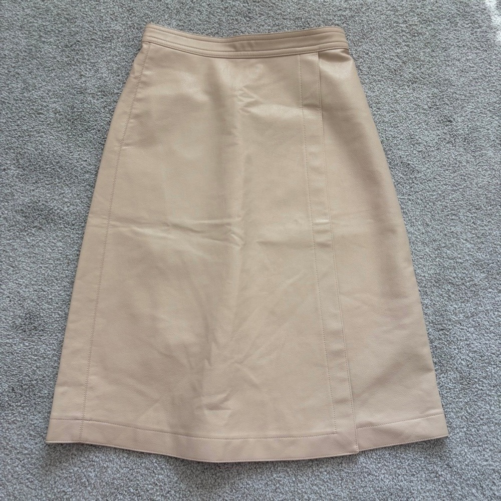 Ann Taylor Faux Leather Midi Wrap Skirt Womens 6 Beige Tan Office Structured